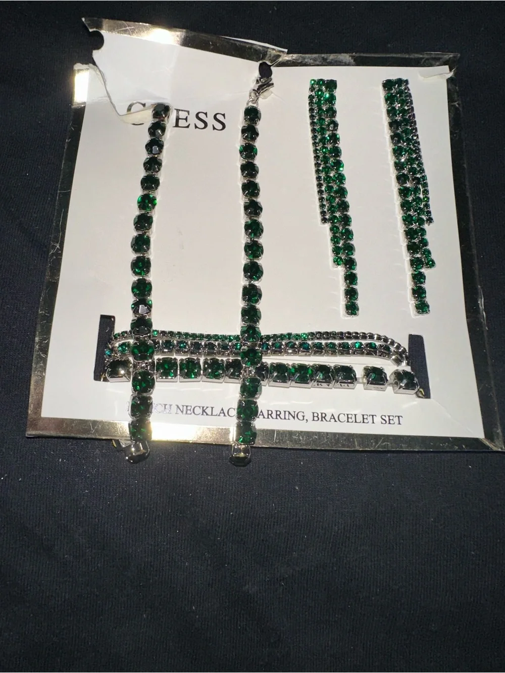 GUESS Green Crystal Bracelet, Necklace & Drop Earrings Set